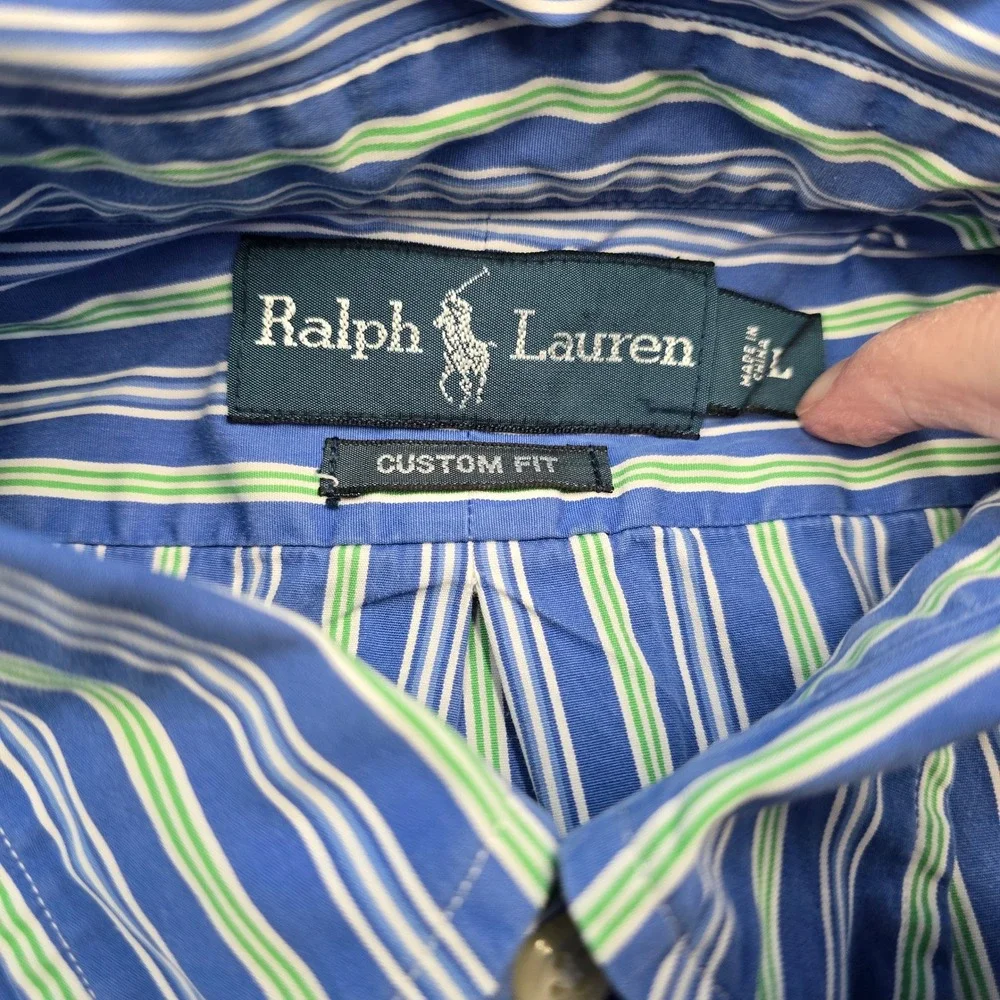 Polo Ralph Lauren Custom Fit Striped Button Down Shirt Men's L‎ Blue Green White